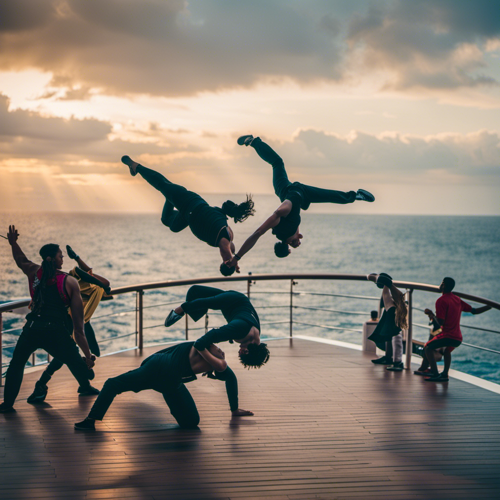E capturing the dynamic performance aboard a luxury cruise ship: breakdancers and acrobats entwined in mesmerizing moves, their bodies soaring through the air, ocean waves crashing in the background