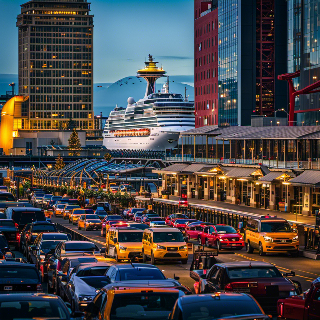 An image showcasing a waterfront view of Seattle's bustling cruise terminal, where cruise ships majestically dock amidst a myriad of parking options