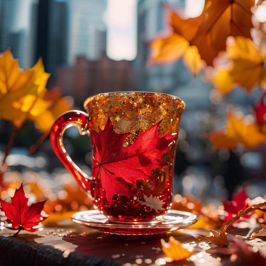 An image capturing the essence of Seattle's autumn: vibrant red and golden leaves swirling around intricate glass sculptures, with a steaming cup of coffee and sparks of glitter reflecting the city's creative energy
