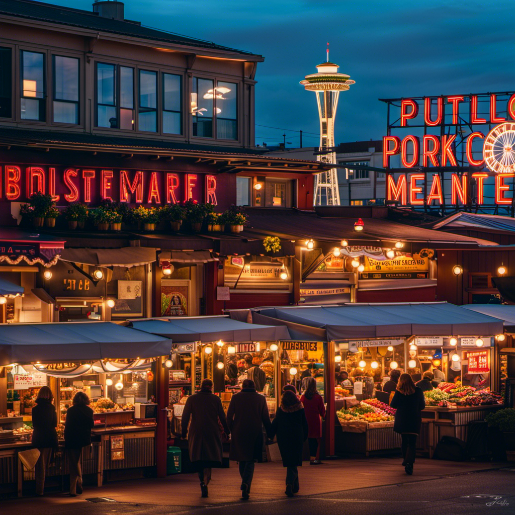 An image featuring a picturesque waterfront view of Seattle's bustling Pike Place Market, showcasing a vibrant array of local food stalls, charming cafes, and inviting breakfast spots, all set against the backdrop of the iconic Space Needle