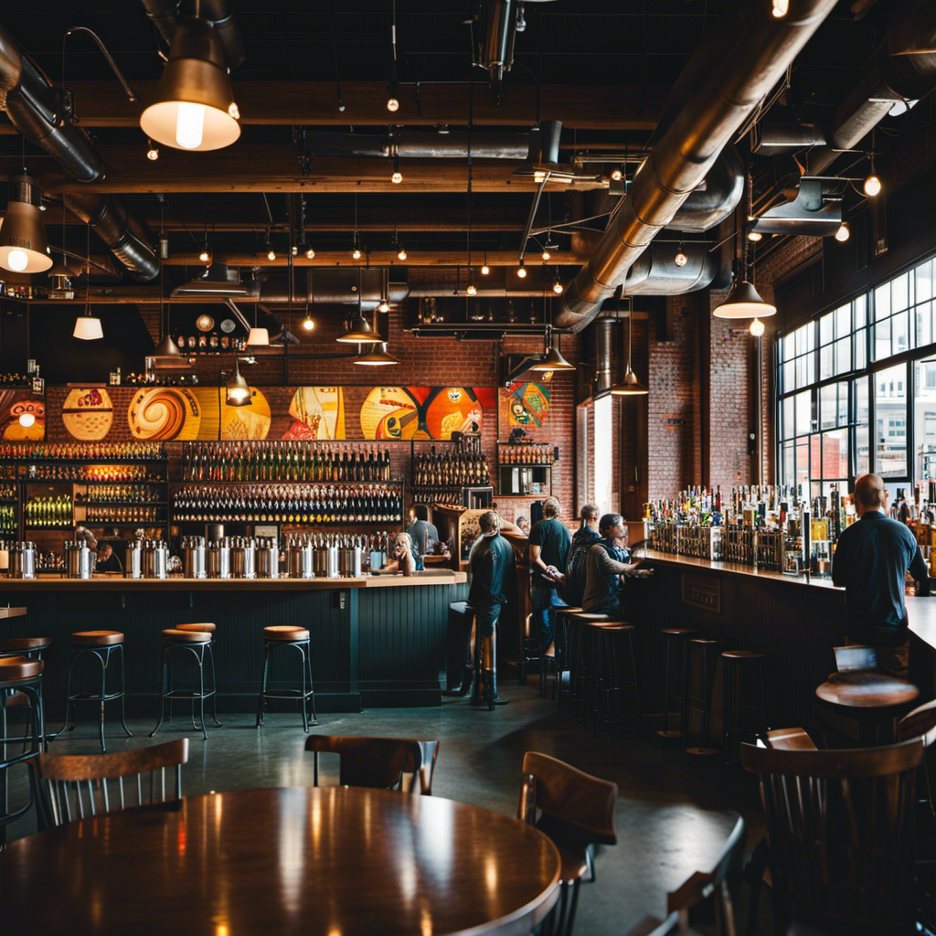 An image showcasing Seattle's bustling brewing scene: a hip, industrial taproom lined with rows of eclectic craft beer bottles, vibrant murals adorning the walls, and locals engaged in lively conversations over pints of frothy, hazy IPAs and rich, chocolatey stouts