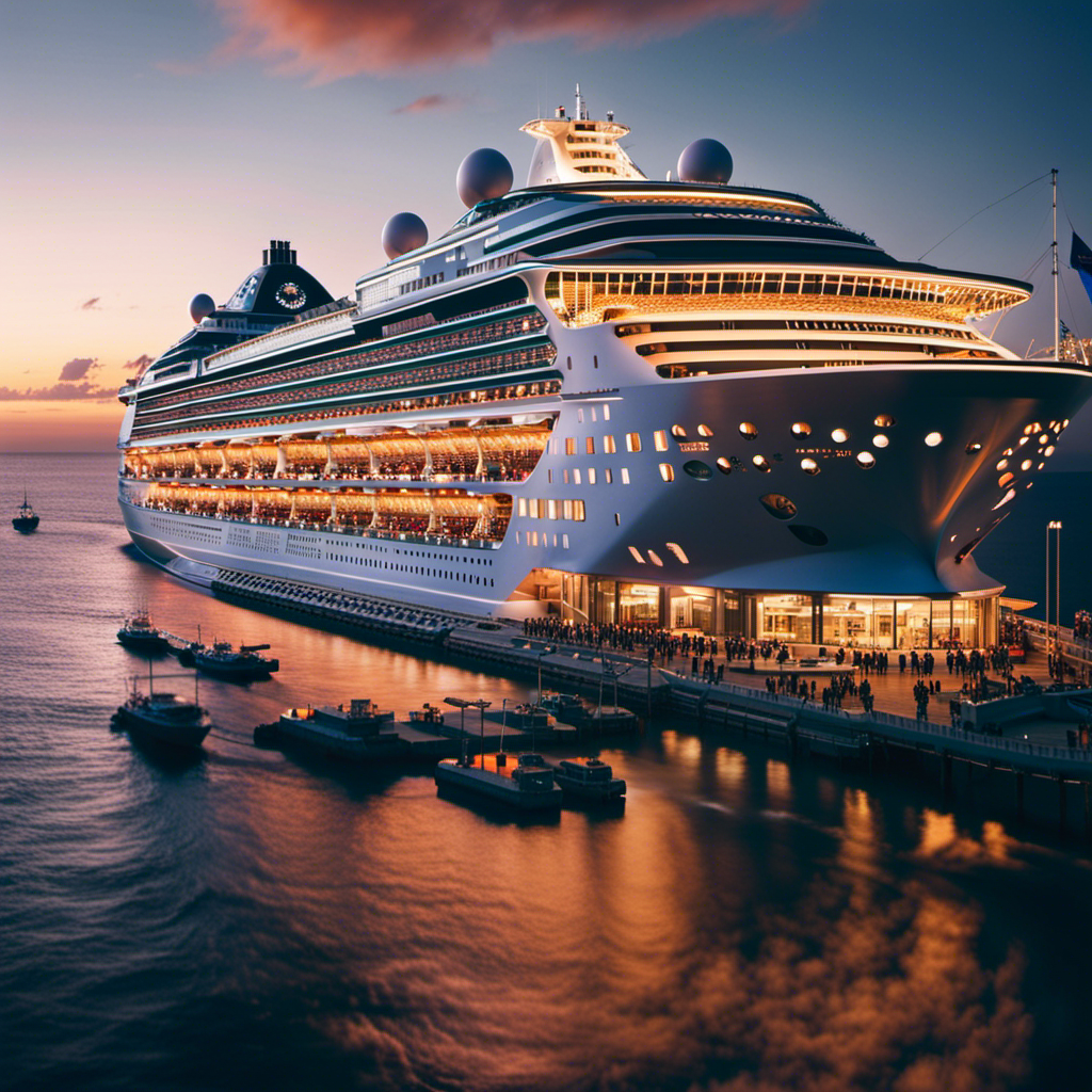 An image showcasing the grandeur of a massive cruise ship, with its towering decks adorned in shimmering lights, passengers dining on delectable cuisine, and the vastness of the ocean stretching beyond