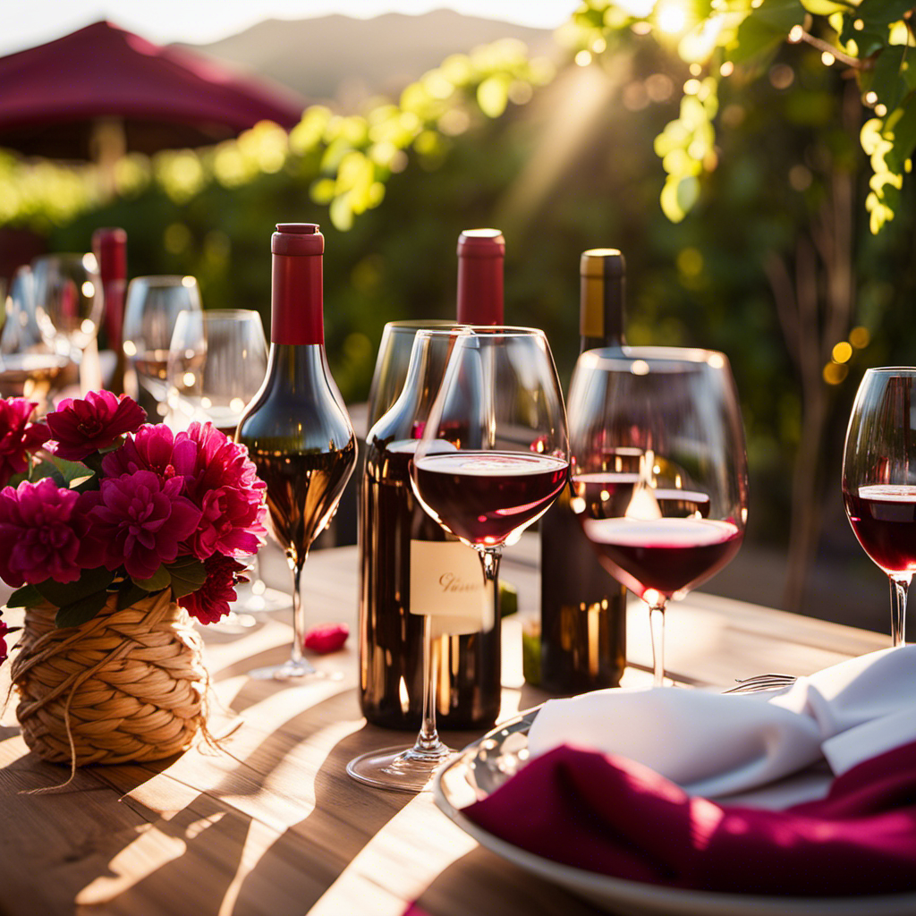 An image capturing the vibrant essence of Napa Valley's wine scene: a chic outdoor patio adorned with rustic wooden tables, surrounded by lush vineyards, and bathed in the warm glow of string lights as friends clink glasses filled with bold, ruby-hued wines