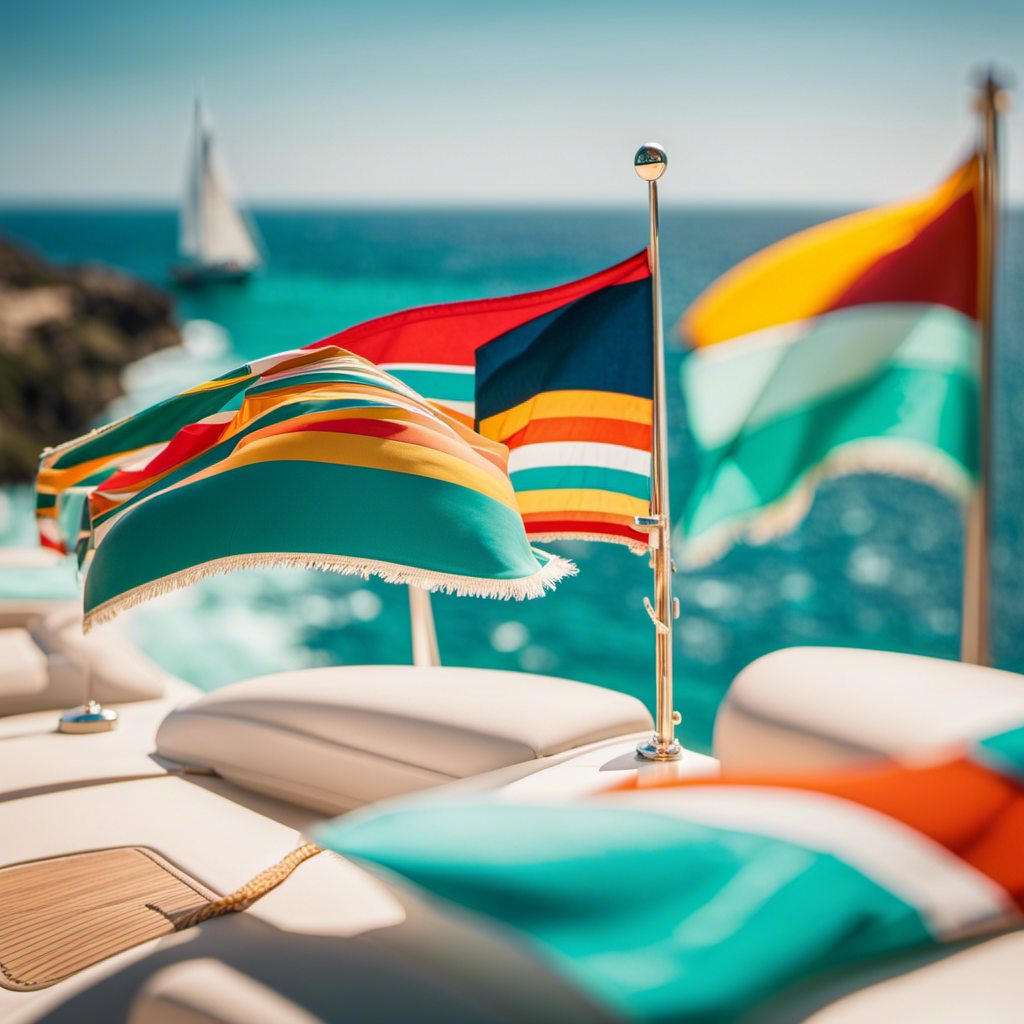 An image that depicts a sun-kissed horizon, with Oprah's iconic yacht majestically sailing towards the endless expanse of turquoise waters, enveloped by a gentle breeze and adorned with colorful flags fluttering joyously in the wind