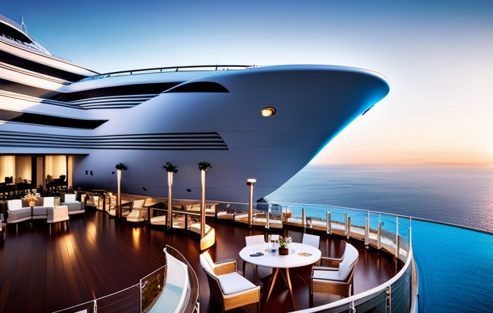 An image showcasing the opulent Seven Seas Splendor: a lavish cruise ship adorned with glistening chandeliers and elegant marble staircases, while passengers indulge in the infinity pool and savor gourmet cuisine overlooking the azure seas