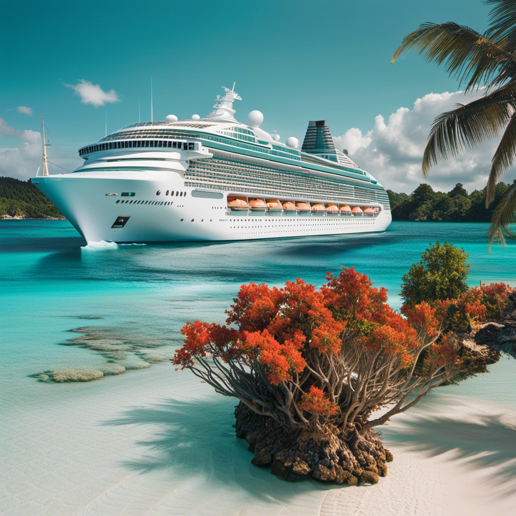 An image showcasing a vibrant cruise ship sailing through crystal-clear turquoise waters, surrounded by lush tropical islands with white sandy beaches, towering palm trees, and colorful coral reefs teeming with marine life