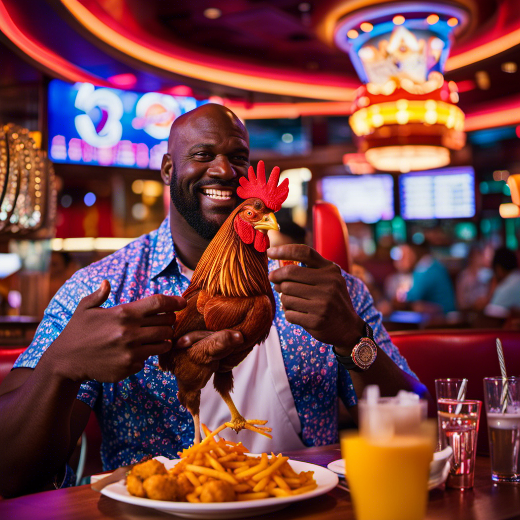 An enticing image showcasing Shaq's Big Chicken aboard a Carnival cruise: a vibrant, bustling restaurant with a larger-than-life, neon-lit sign, surrounded by happy diners relishing juicy, crispy fried chicken and savory sides
