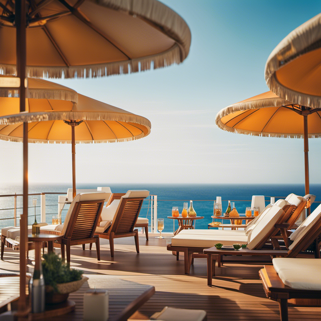An image showcasing a serene outdoor deck on a cruise ship, dotted with plush sun loungers, vibrant parasols, and panoramic ocean views