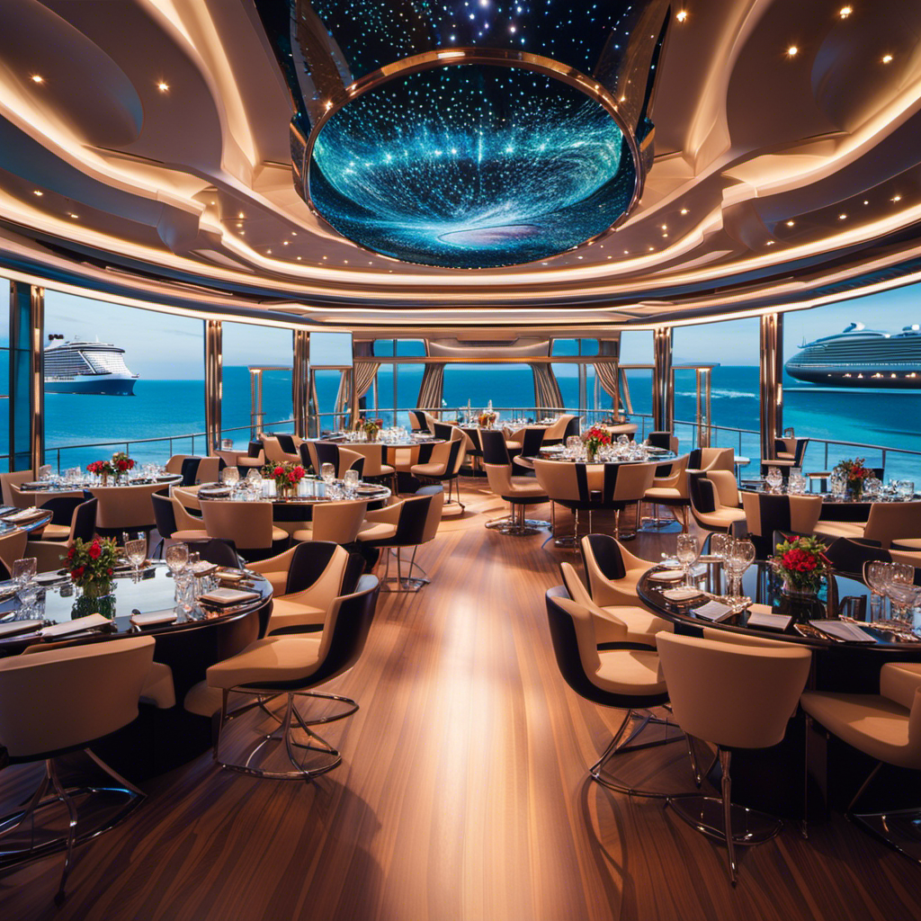 An image showcasing a cruise ship transformed into a futuristic paradise, with sleek LED-lit exteriors, cutting-edge technology, and a lively deck adorned with panoramic glass walls, hosting a lavish gourmet restaurant overlooking the sparkling ocean