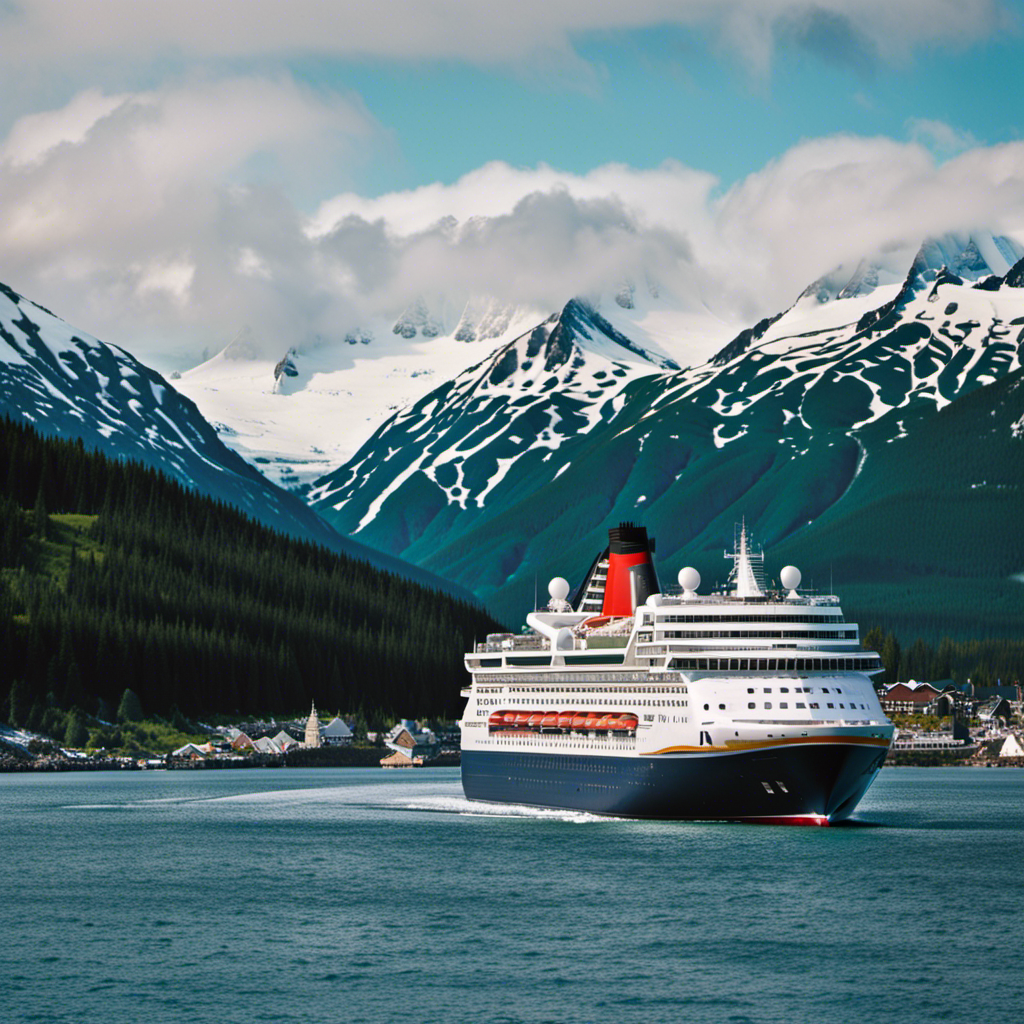 An image showcasing a vibrant Alaskan landscape, with a majestic cruise ship gliding through pristine waters, flanked by a bustling U