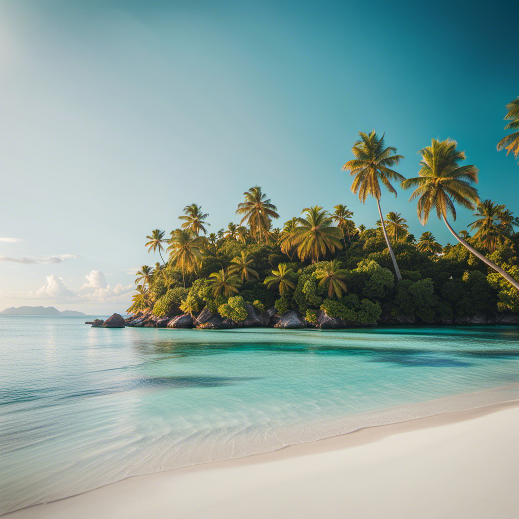An image of a secluded private island nestled in crystal-clear turquoise waters, surrounded by lush palm trees