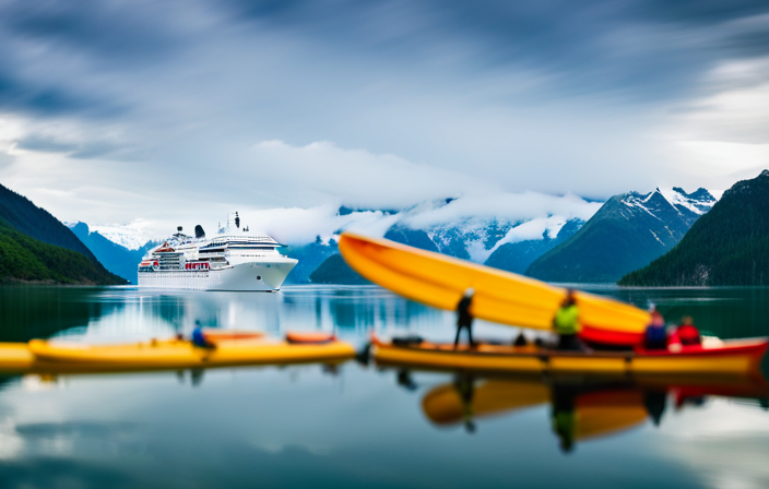 an image that captures the essence of a Silversea Alaska Cruise: A cozy ship nestled amidst majestic glaciers, passengers engaging in thrilling adventures like kayaking and wildlife spotting, and a delectable spread of locally sourced seafood and Alaskan specialties