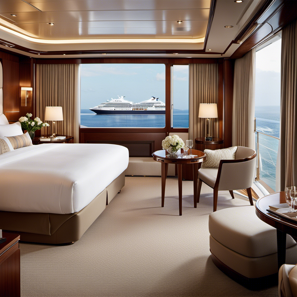 An image showcasing Silversea Cruises' new suite upgrades and door-to-door fares: a luxurious suite with panoramic ocean views, elegantly furnished with plush fabrics and polished wood, complemented by a chauffeur-driven luxury car waiting at the dock