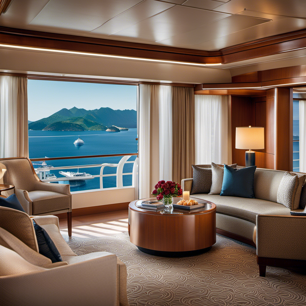 An image showcasing a luxurious oceanview suite aboard a Silversea cruise ship, adorned with elegant decor and breathtaking views