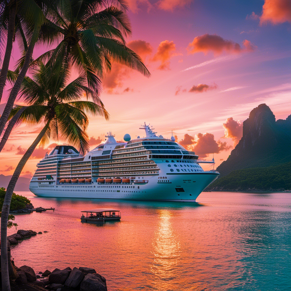 An image capturing the thrill of Silversea's 2023/2024 itineraries, showcasing a luxurious cruise ship gliding through crystal-clear turquoise waters, framed by lush tropical islands and a vibrant sunset painted with hues of orange, pink, and purple
