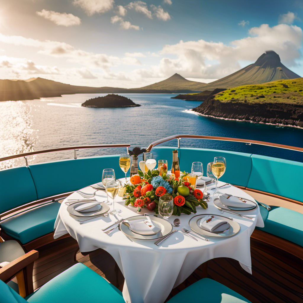 E the essence of Silversea's Galapagos Expedition: Luxury Yacht Experience through an image that showcases a sleek, state-of-the-art yacht anchored amidst volcanic islands, with elegant outdoor dining set against a backdrop of pristine turquoise waters and exotic wildlife