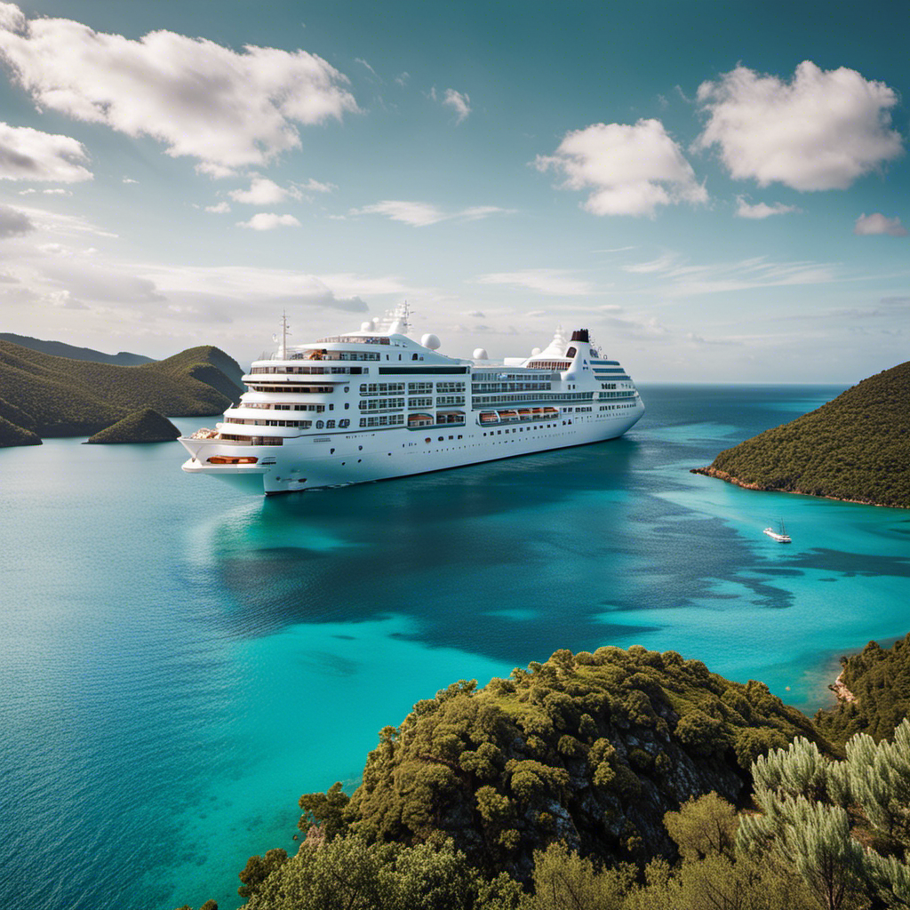 An image capturing the grandeur of Silversea's Silver Whisper, adorned in resplendent silver hues, as it sails gracefully through turquoise waters, surrounded by breathtaking landscapes and enchanting destinations
