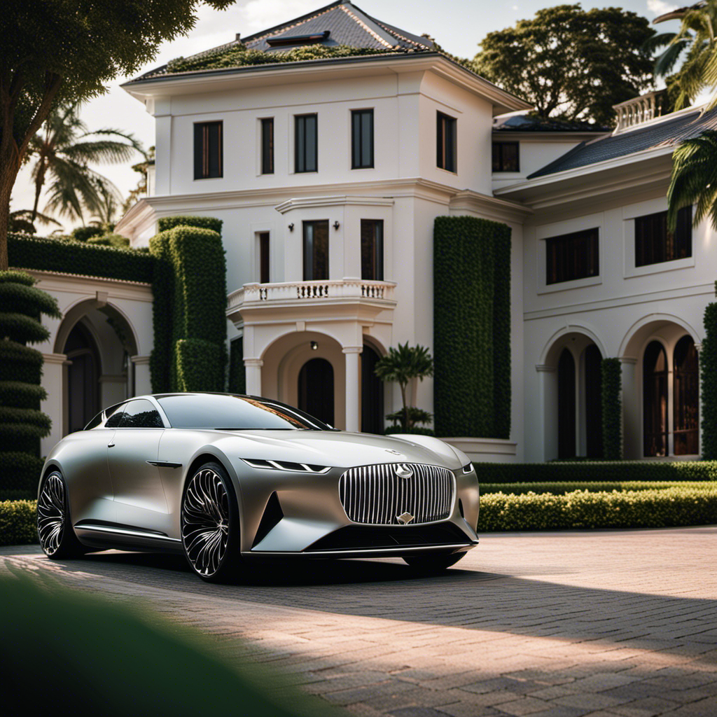 An image showcasing a sleek and futuristic luxury car parked in front of a lavish mansion, surrounded by lush greenery