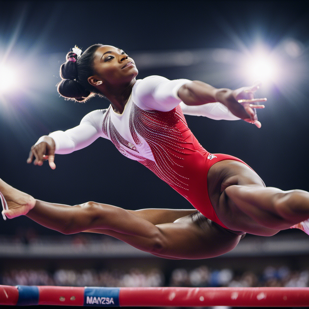 An image that captures the awe-inspiring power and elegance of Simone Biles, showcasing her as the epitome of grace and strength while effortlessly defying gravity, symbolizing her status as the ultimate gymnastics icon and the godmother of Celebrity Beyond