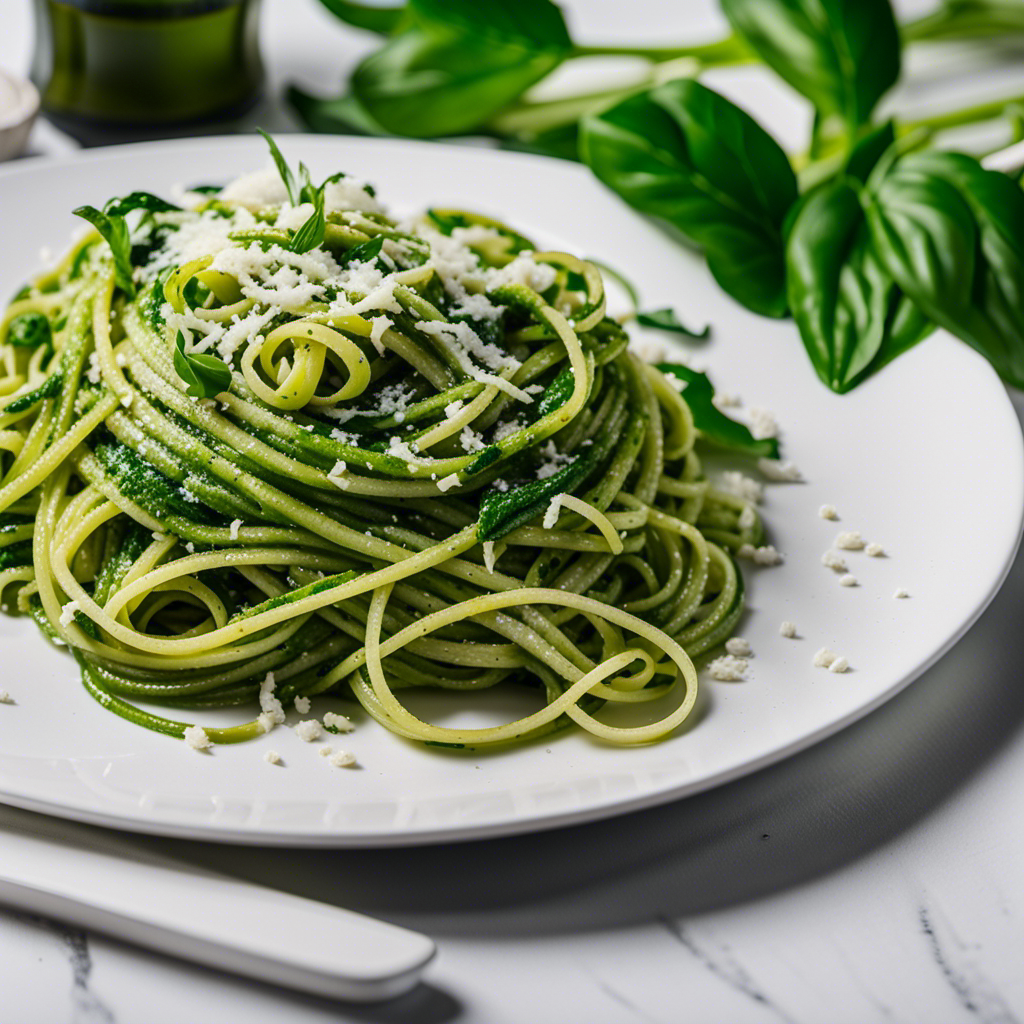 An image showcasing a plate of vibrant green linguini, tossed with fragrant pesto sauce and garnished with freshly grated Parmesan