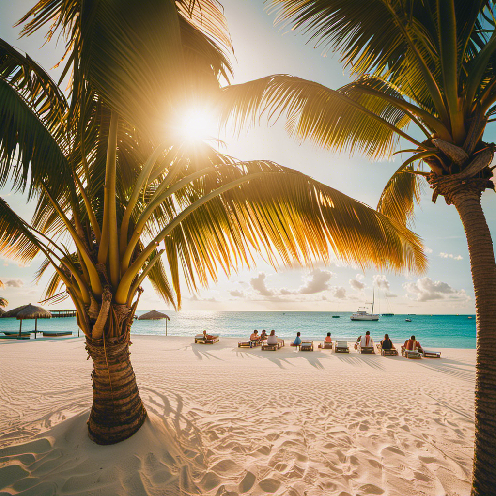 An image capturing the essence of Sir Richard Branson's entrepreneurial wisdom: A palm-fringed beach in Bimini, bathed in golden sunlight, where Branson surprises a group of aspiring entrepreneurs, sharing his tips with contagious enthusiasm