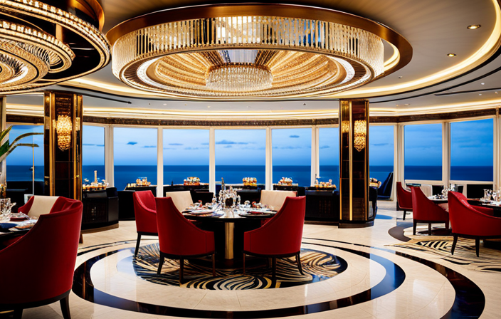 An image showcasing the luxurious interior of Sirena, Oceania Cruises' newest ship: elegant dining venues adorned with sparkling chandeliers, plush seating arrangements, and panoramic ocean views that transport guests to a world of unparalleled opulence