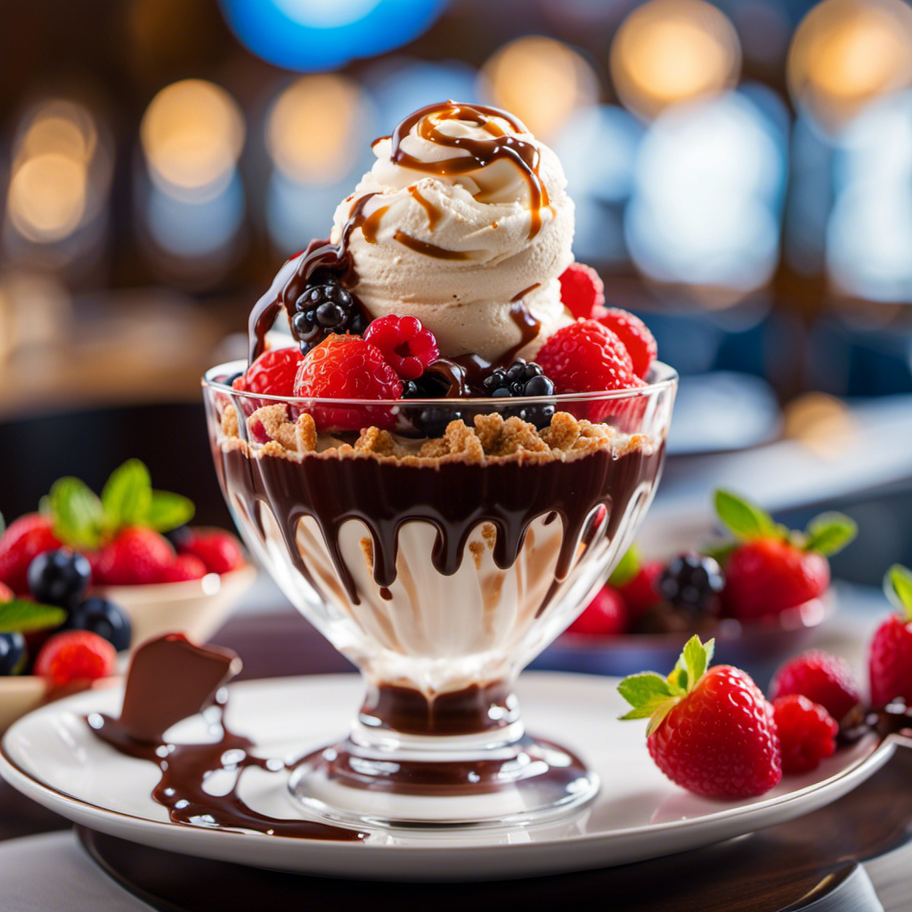 An image showcasing a luxurious ice cream sundae aboard a Princess Cruises ship, with a decadent swirl of SMiZE Cream piled high in a crystal dish, adorned with fresh berries and a drizzle of rich chocolate sauce