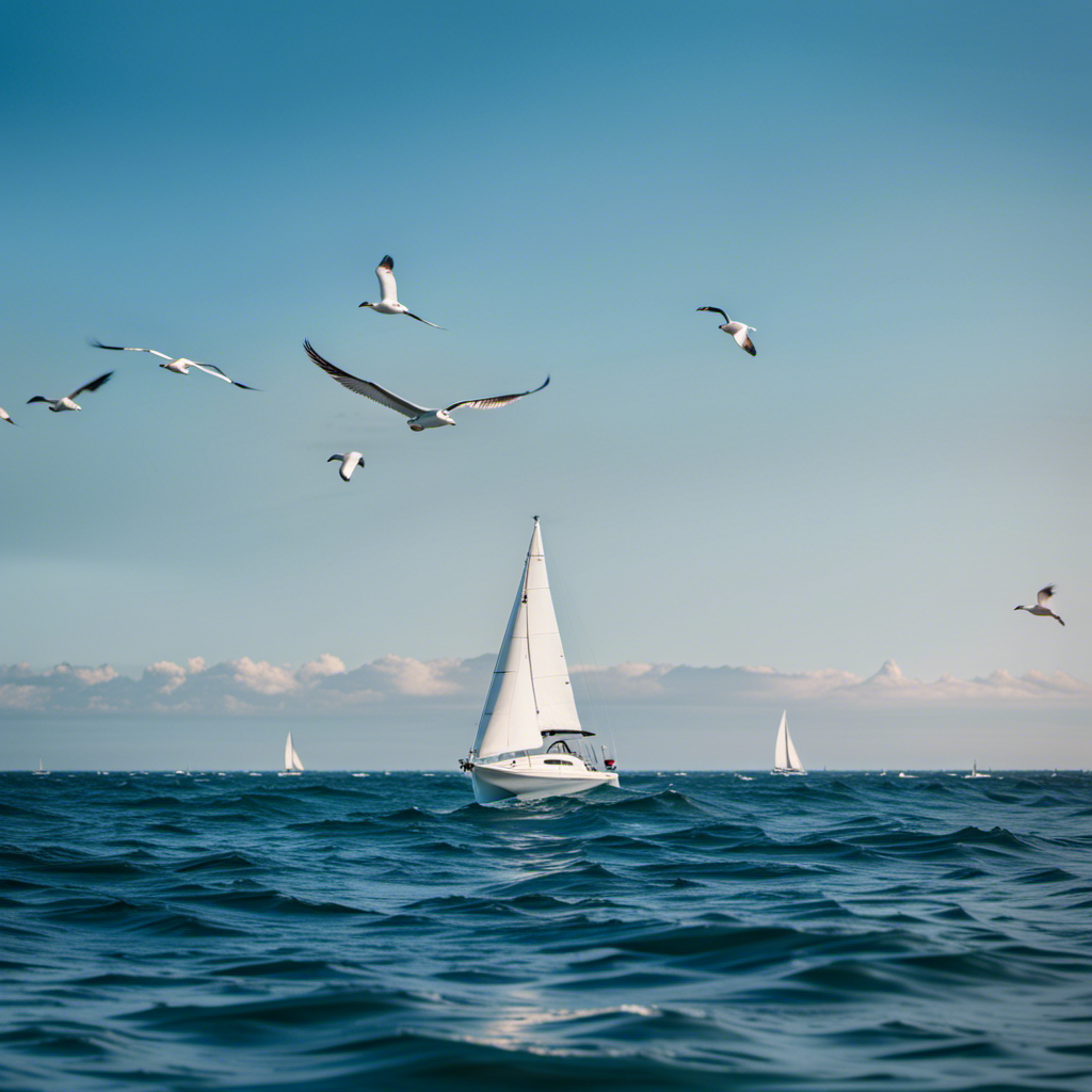 An image depicting a serene ocean with clear blue skies, a vibrant sailboat gliding effortlessly on calm waters, while seagulls soar above, showcasing NOAA's optimistic hurricane season predictions
