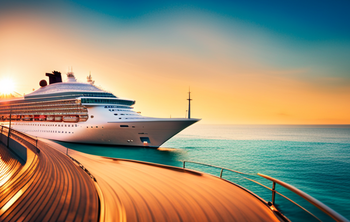 E a magnificent sunset casting a warm, golden glow over a luxurious cruise ship, as it gracefully navigates through turquoise waters