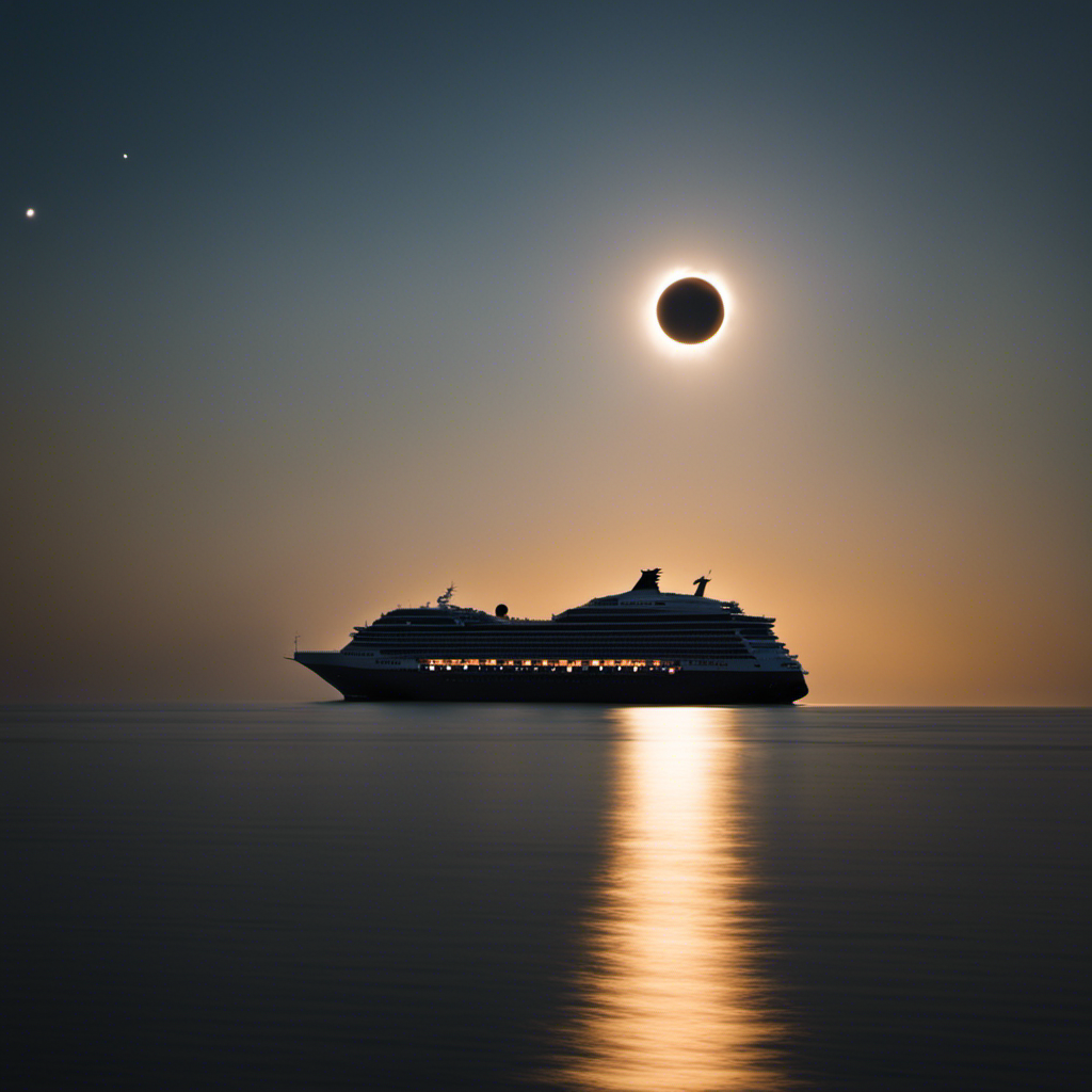 An image that showcases the surreal spectacle of a solar eclipse, with the silhouette of a majestic Holland America Line cruise ship gliding through the tranquil ocean, capturing the enchantment of combining celestial wonders with the allure of a cruise vacation