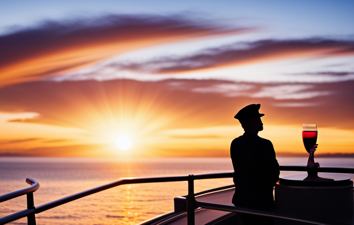 An image showcasing a person standing on the deck of a cruise ship, surrounded by a breathtaking sunset over the calm, pristine ocean
