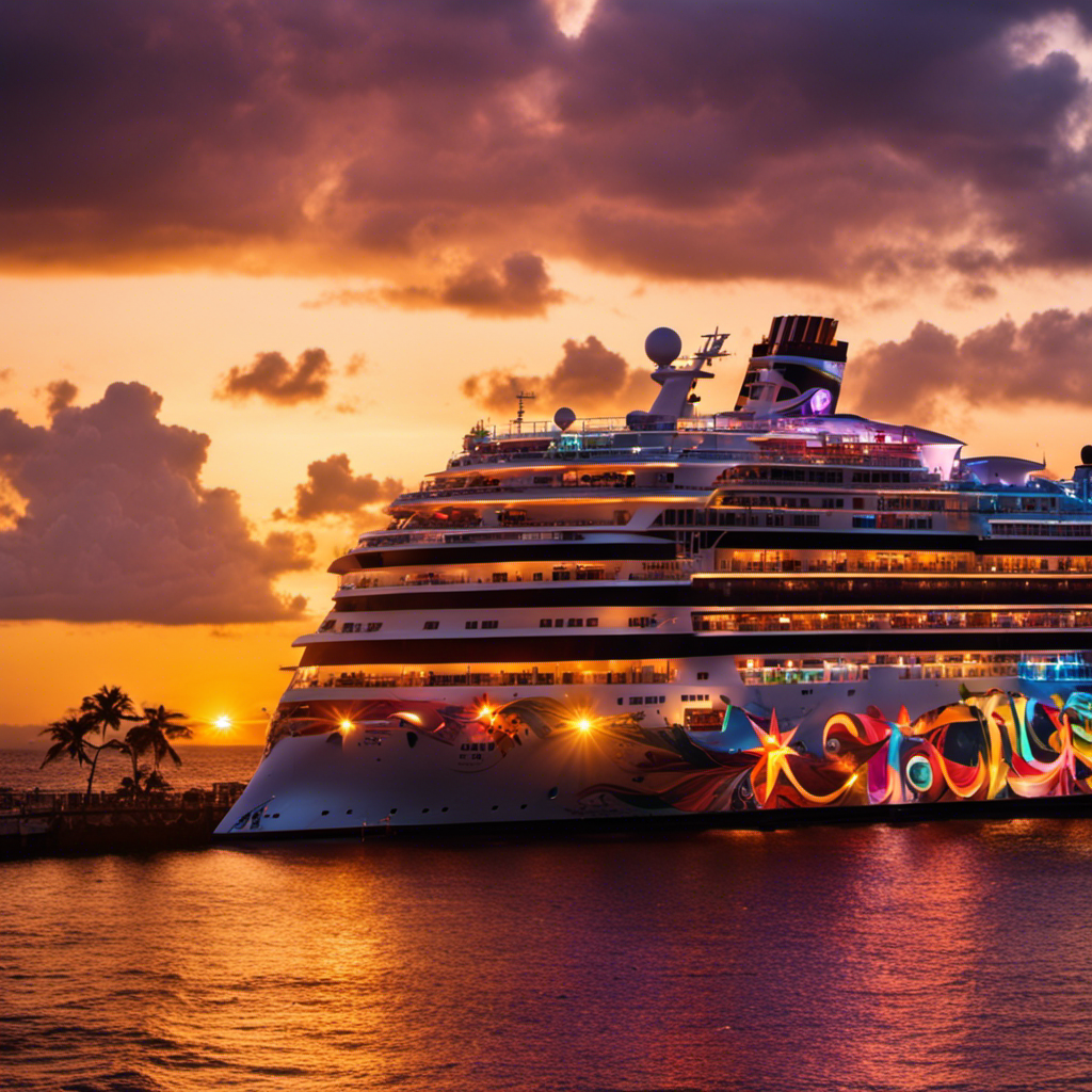 An image showcasing a vibrant Caribbean sunset backdrop with a luxurious cruise ship adorned in colorful lights, while iconic music royalty silhouette figures groove on the deck, radiating an electrifying atmosphere