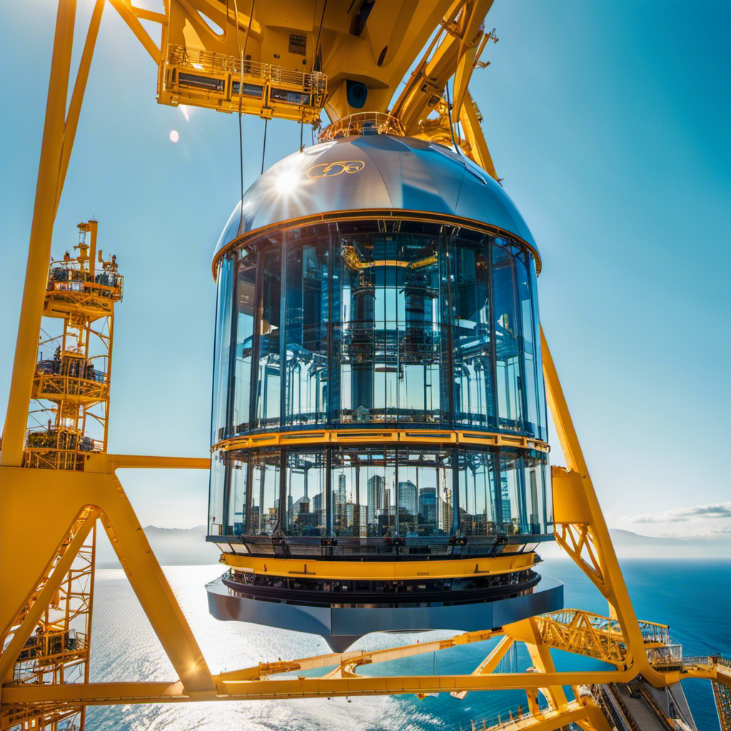 the awe-inspiring moment as a colossal crane delicately lowers a gleaming, glass-encased observation capsule onto the magnificent Spectrum of the Seas, standing tall against a backdrop of a vibrant blue sky and shimmering ocean waves