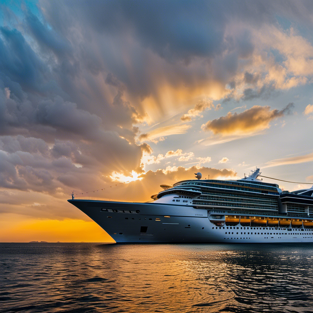 An image capturing the nostalgic beauty of Splendour of the Seas, as the Royal Caribbean's fleet bids her farewell: a majestic sunset casting golden hues on the ship's elegant silhouette, while gentle waves reflect her final voyage