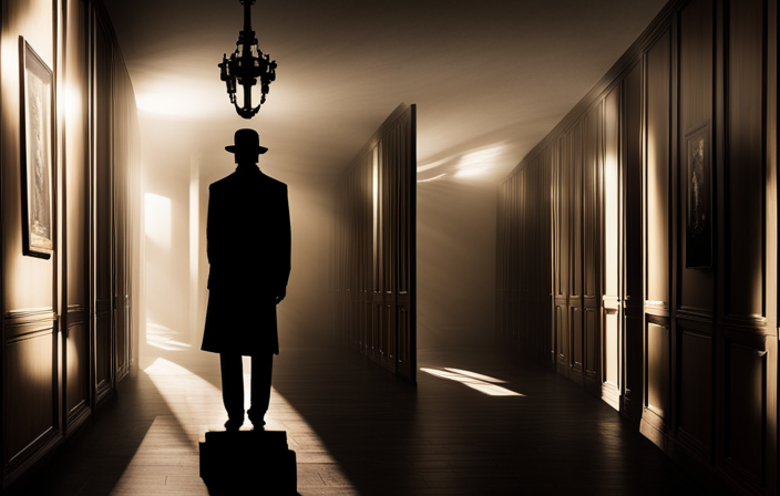 the eerie ambiance of a haunted museum: a dimly lit corridor lined with dusty display cases, casting long shadows; a ghostly silhouette of a statue lurking in the background; a flickering chandelier illuminating forgotten artifacts