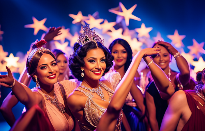 An image capturing the vibrant energy of a Carnival Cruise Line performance, with a dazzling array of talented performers showcasing their skills under a canopy of twinkling stars, as the audience revels in a sea of excitement