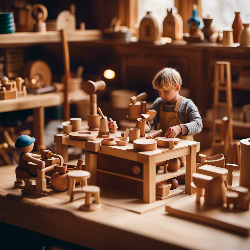 An image showcasing a wooden toy workshop bathed in warm, natural light: skilled artisans meticulously carve, paint, and assemble enchanting Waldorf toys