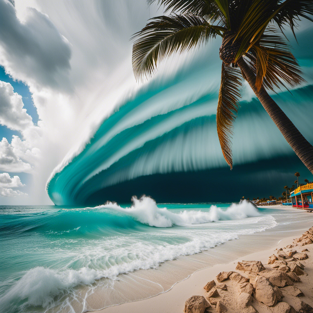 An image capturing the essence of a thrilling storm at CocoCay: towering waves crash against pristine sandy shores, palm trees sway dramatically, and dark clouds loom overhead, contrasting with the vibrant turquoise waters