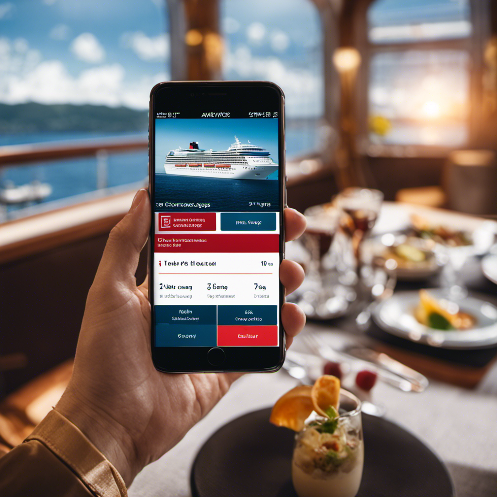 An image showcasing a smartphone displaying the Cruise Norwegian App, with a user effortlessly selecting dinner options, booking excursions, and accessing ship information, surrounded by a vibrant and picturesque cruise ship environment