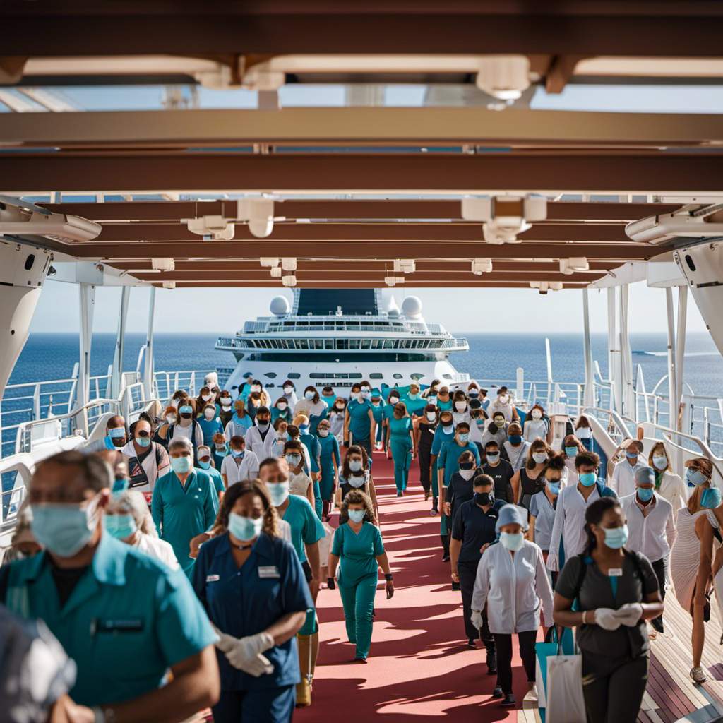 An image showcasing a cruise ship deck, bustling with passengers wearing face masks and undergoing temperature checks