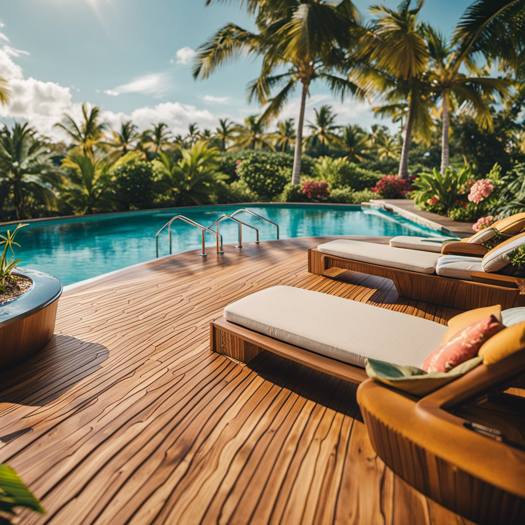 An image showcasing a sun-kissed deck with happy cruisers leisurely enjoying a pool, surrounded by vibrant tropical landscapes