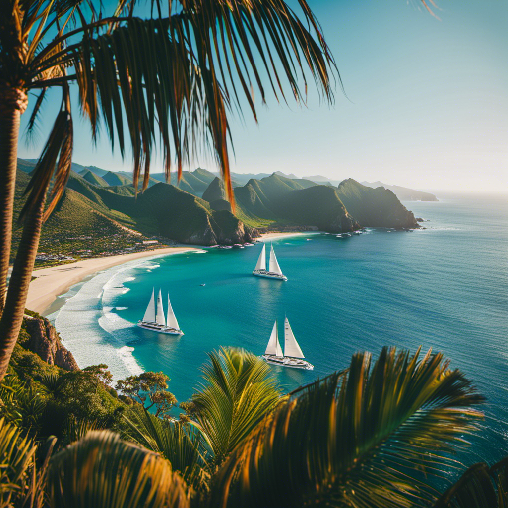 An image showcasing the sun-kissed Mexican Riviera, adorned with vibrant turquoise waters, palm-fringed beaches, and majestic sailboats gliding through the waves, symbolizing the allure of summer sailings across the Hawaiian Islands and California Coast