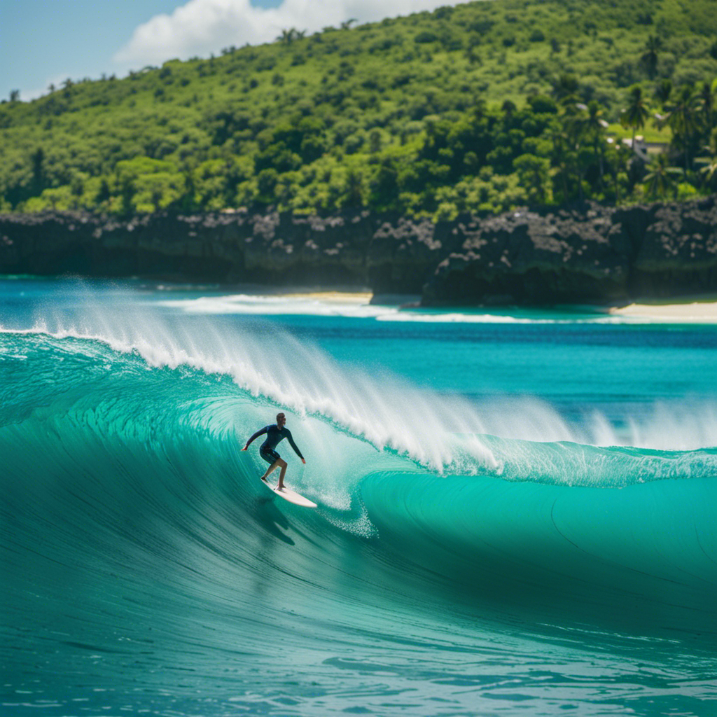 An image of a lone surfer gracefully riding a massive turquoise wave, with the vibrant coral reef visible beneath the translucent water