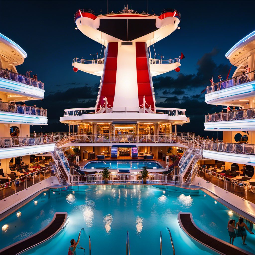 An image capturing the awe-inspiring moment of stepping onto a luxurious Carnival Cruise ship after a decade, with vibrant colors reflecting off the pristine deck, inviting pools, and a towering water slide