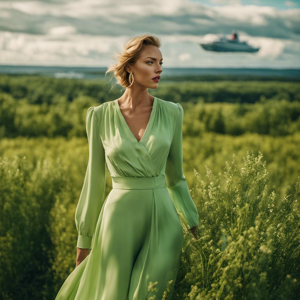 An image capturing the essence of sustainable fashion: a stylish, eco-friendly outfit against a backdrop of Swedish summer landscapes, with a luxurious cruise ship sailing past geothermal wonders, symbolizing the harmonious blend of green luxury holidays and unforgettable adventures