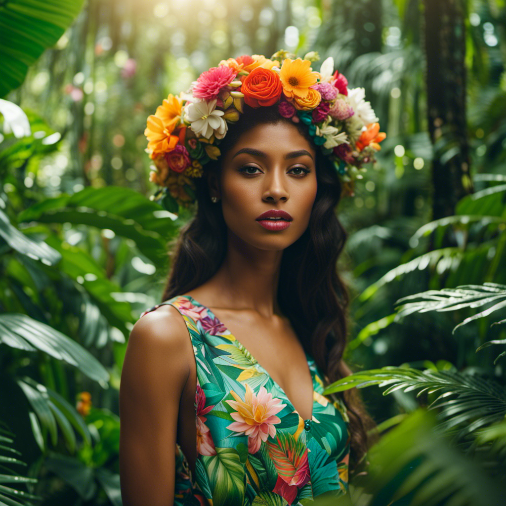 An image showcasing a lush, vibrant rainforest with a model wearing eco-friendly clothing made from recycled materials, surrounded by blooming flowers and sustainable fashion brands, symbolizing the harmonious relationship between nature and forward-thinking fashion
