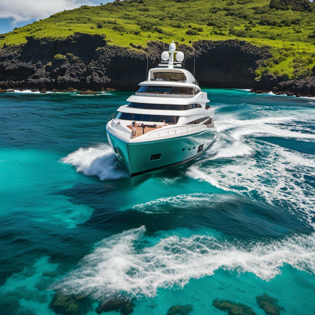 An image of a sleek, eco-friendly yacht gliding through crystal-clear waters, surrounded by untouched Galápagos Islands