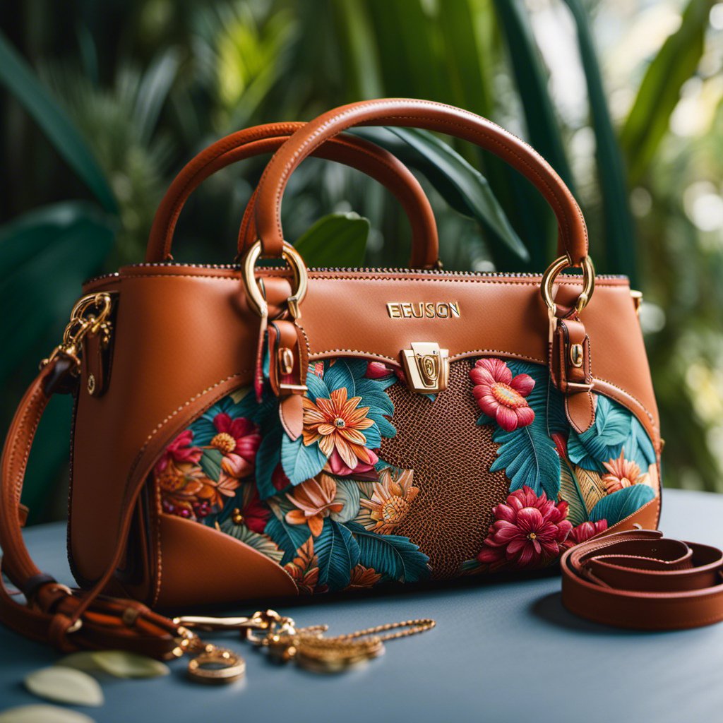 An image showcasing a sleek, high-end handbag crafted from ethically sourced vegan leather, adorned with intricate stitching and metal accents, juxtaposed against vibrant nature-inspired surroundings, symbolizing the fusion of luxury and environmental consciousness