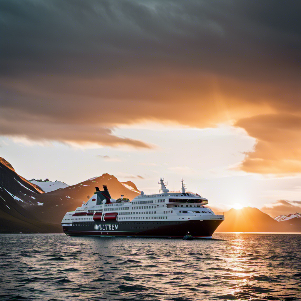 An image showcasing the sleek profile of the MS Richard With, gliding through pristine Arctic waters