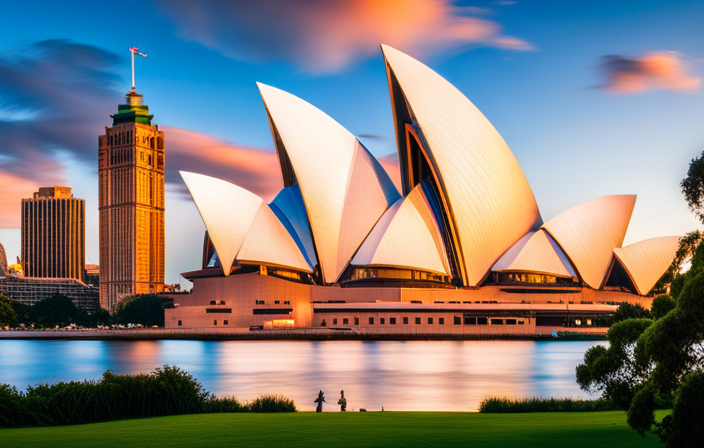 An image showcasing Sydney's iconic Opera House, its sleek white sails reflecting in the glistening waters of the harbor, while kangaroos frolic amidst lush greenery nearby, encapsulating the city's architectural marvels and incredible wildlife encounters